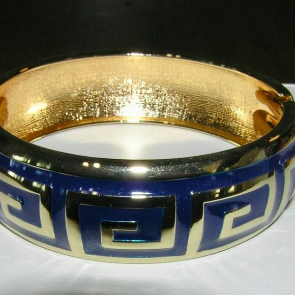 Greek Key or Fret Navy Enameled & Gold Bangle - Picture 2 of 4